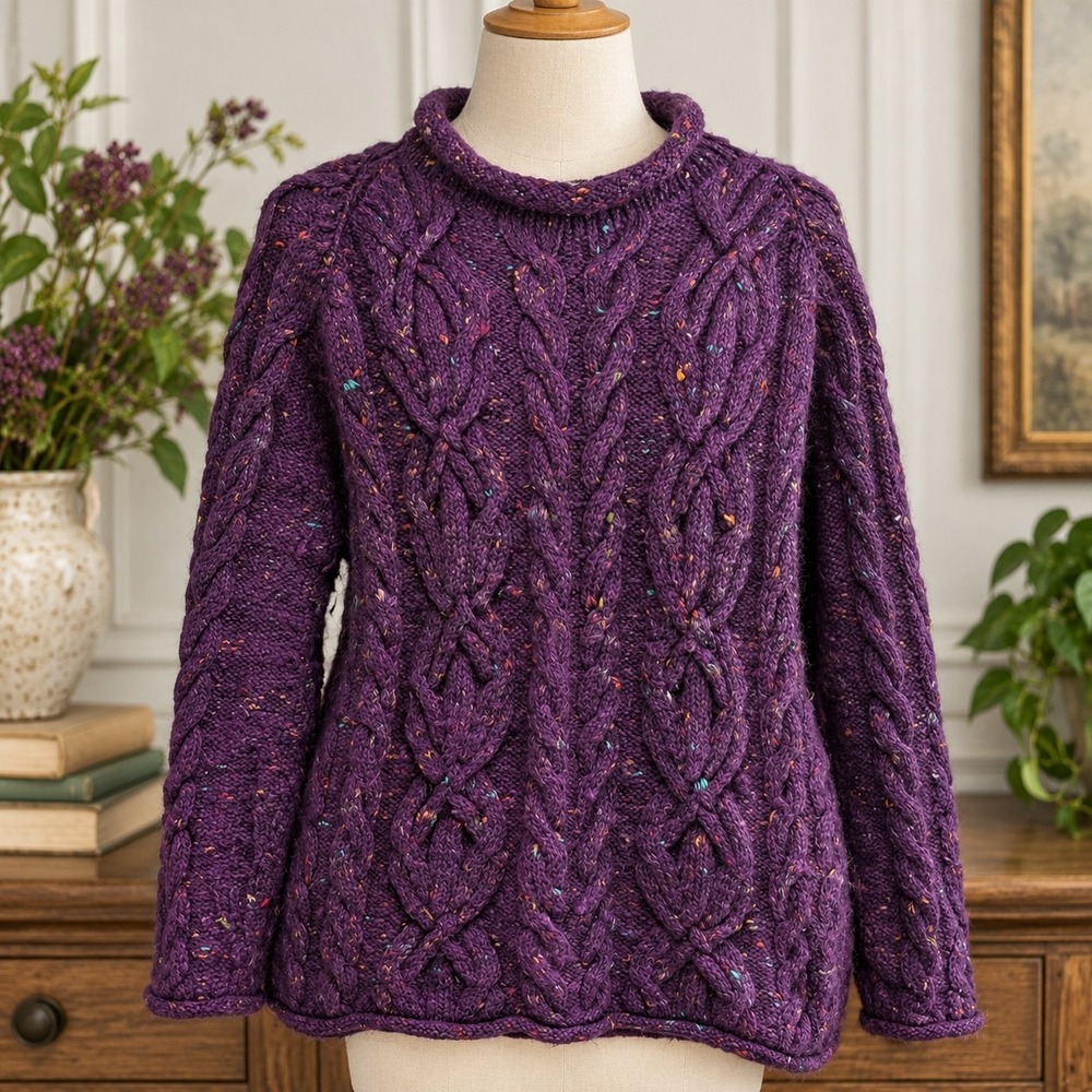 Heritage Fisherman Wool Sweater Purple Donegal Cable Knit Tricots St Raphael M